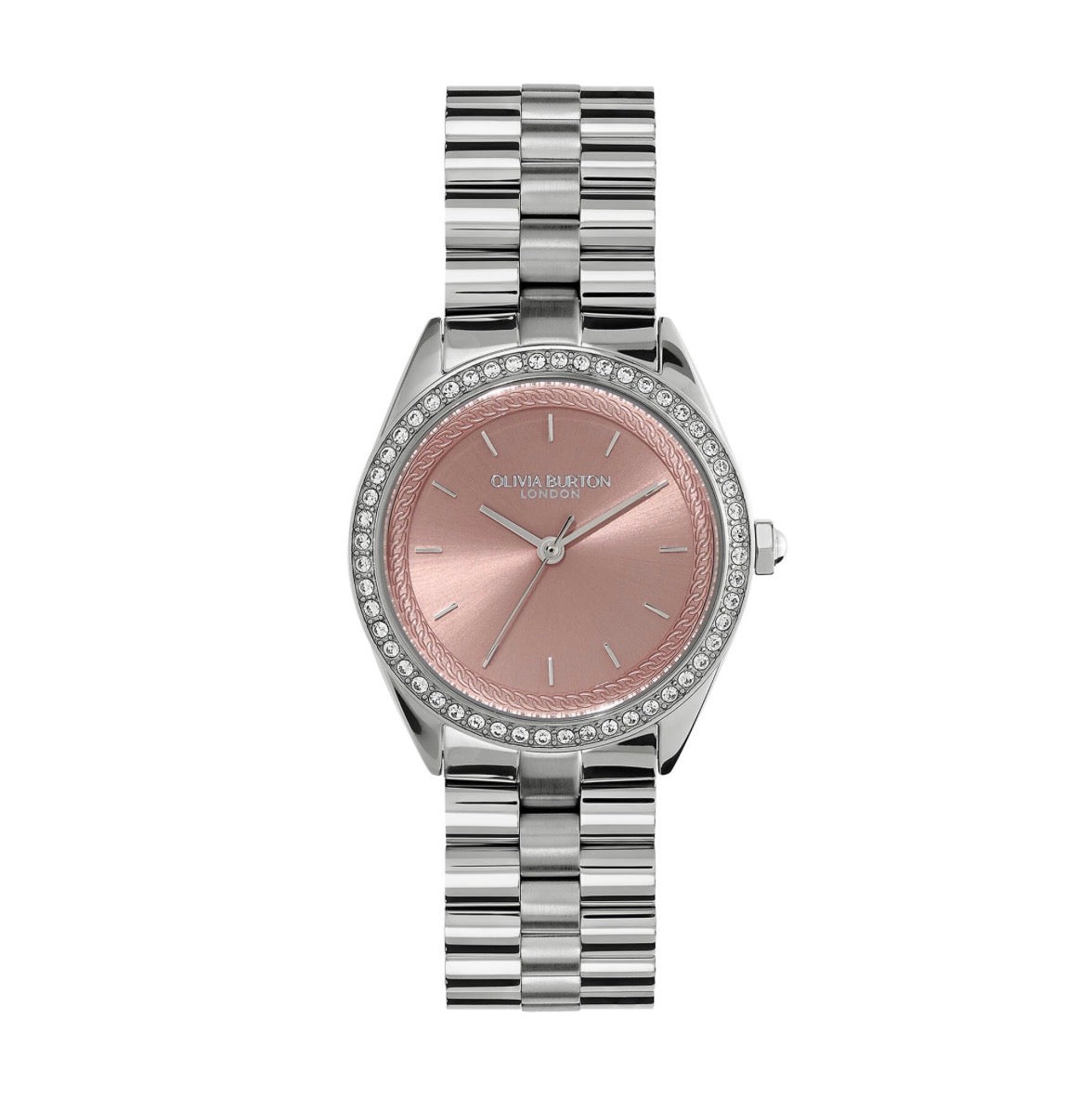 LDS SS OLIVIA B RND ROSE PINK 34MM DL CZ OUTER BEZEL BW
