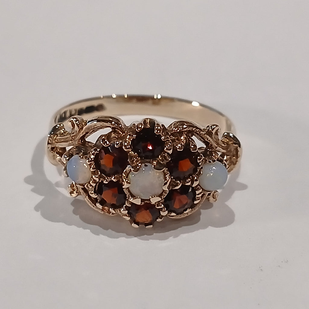9YG 2.9G 6 GARNET & 3 OPAL CLUSTER RING P | PRE OWNED