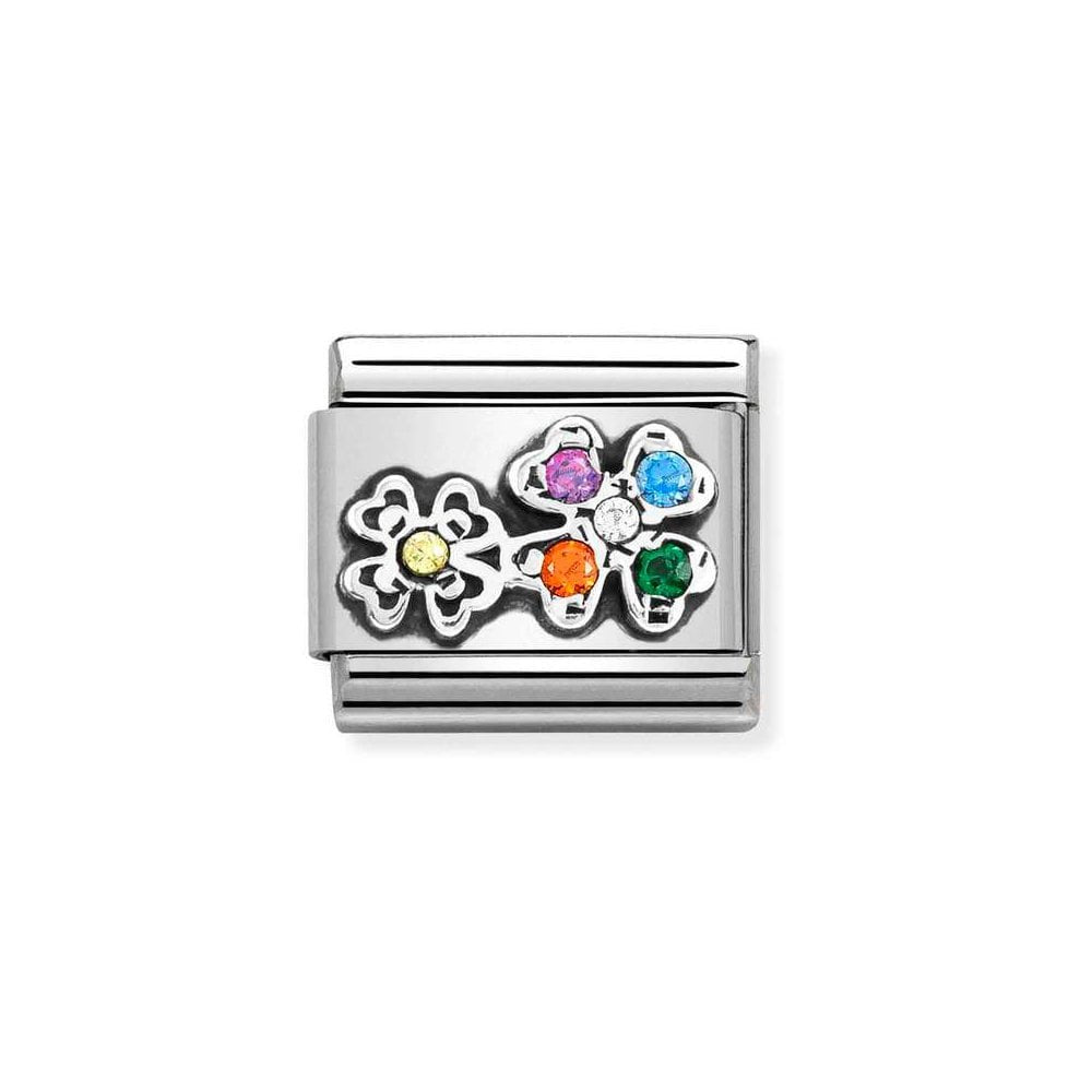 NOM SILV SH FOUR LEAF CLOVER RAINBOW CZ CHARM