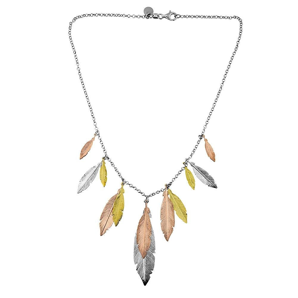SILVER GOLD & ROSE PLTE MULTI FEATHER FINE BELCHER NECKLET
