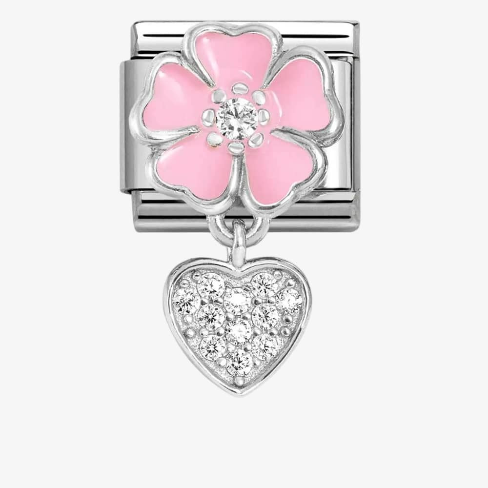 NOM CZ HEART PNK FLOWER DANGLE - CHARMS