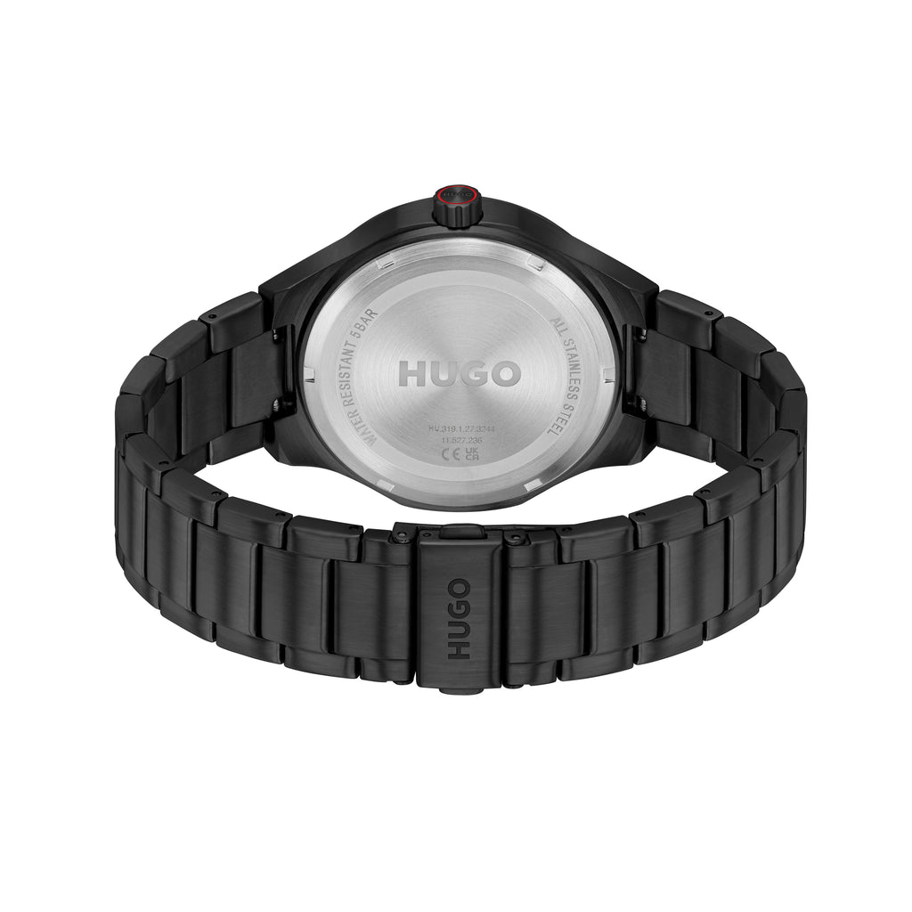 1530450 | GENTS SS BLACK PVD HUGO RND BLK RED SEC HAND DL. WR BW