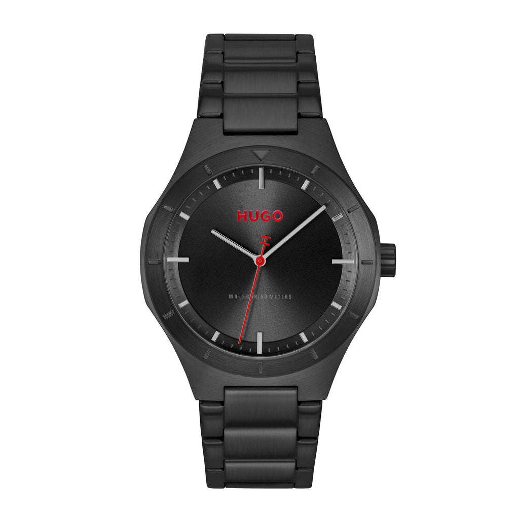 1530450 | GENTS SS BLACK PVD HUGO RND BLK RED SEC HAND DL. WR BW