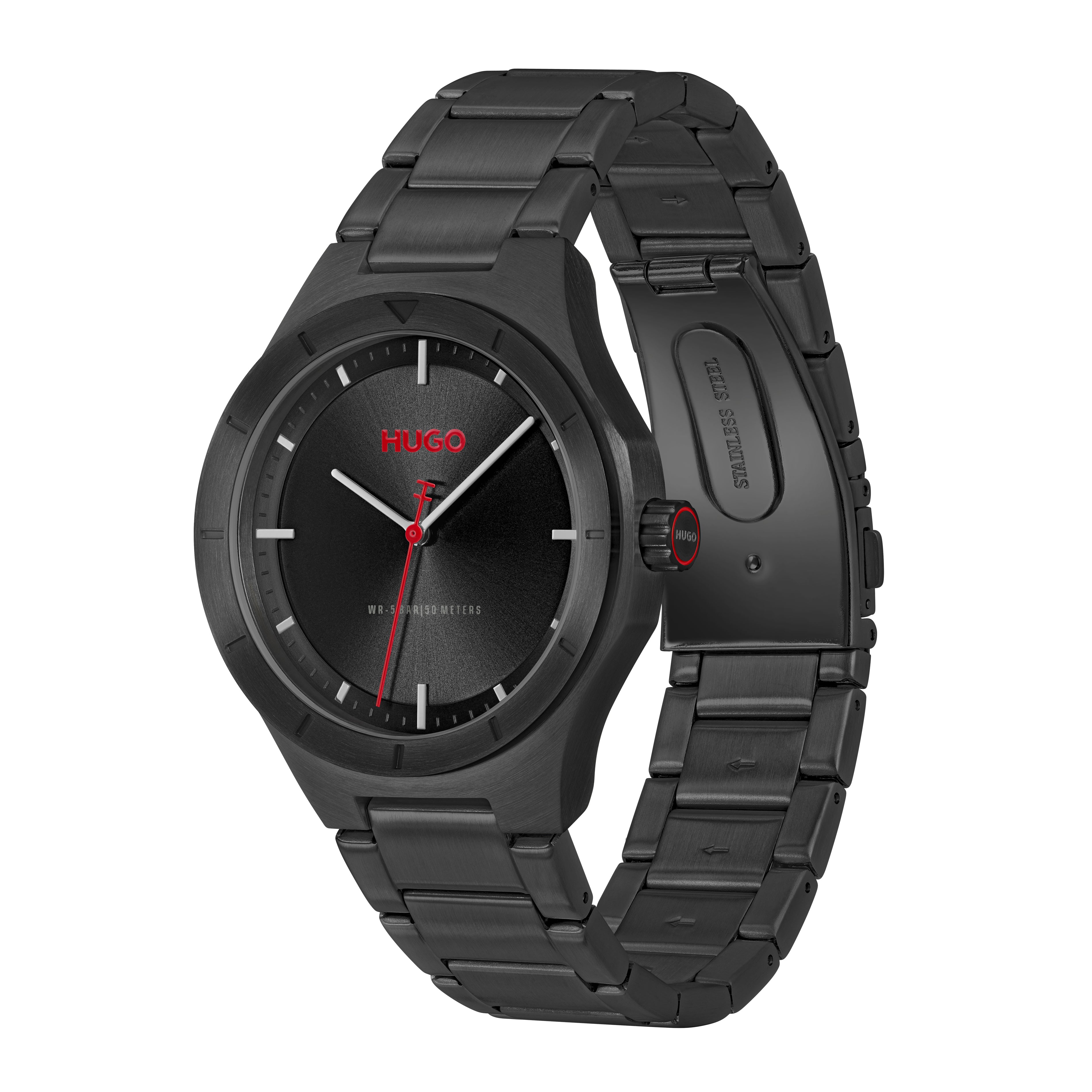 1530450 | GENTS SS BLACK PVD HUGO RND BLK RED SEC HAND DL. WR BW