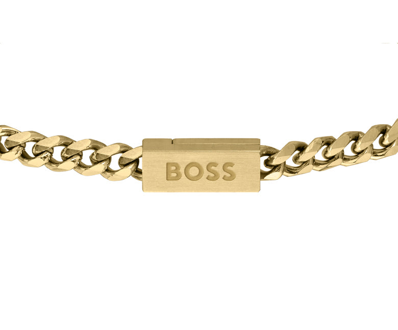 GNTS STEEL GOLD COLOUR BEV EDGE CURB BOSS BRACELET