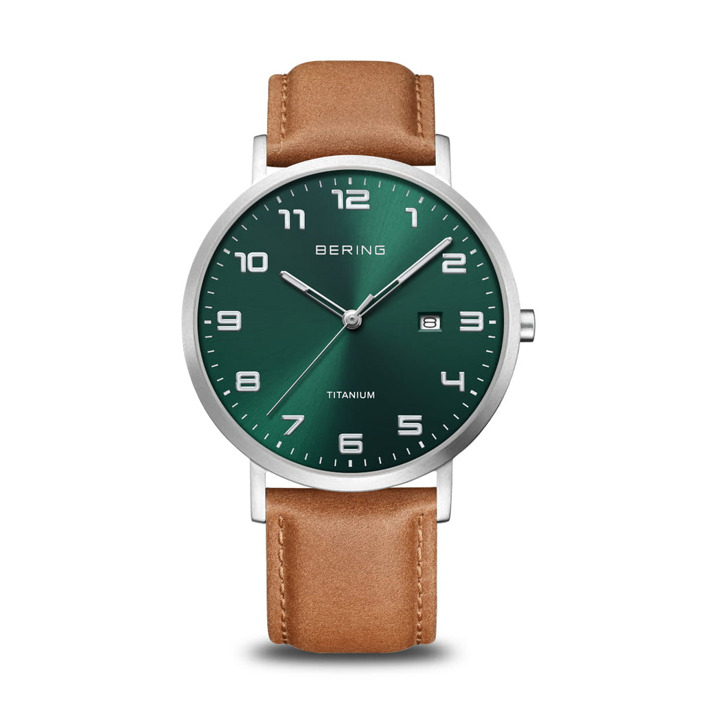 GNTS BERING TITANIUM RND GREEN DL. AF TAN STRAP WATCH
