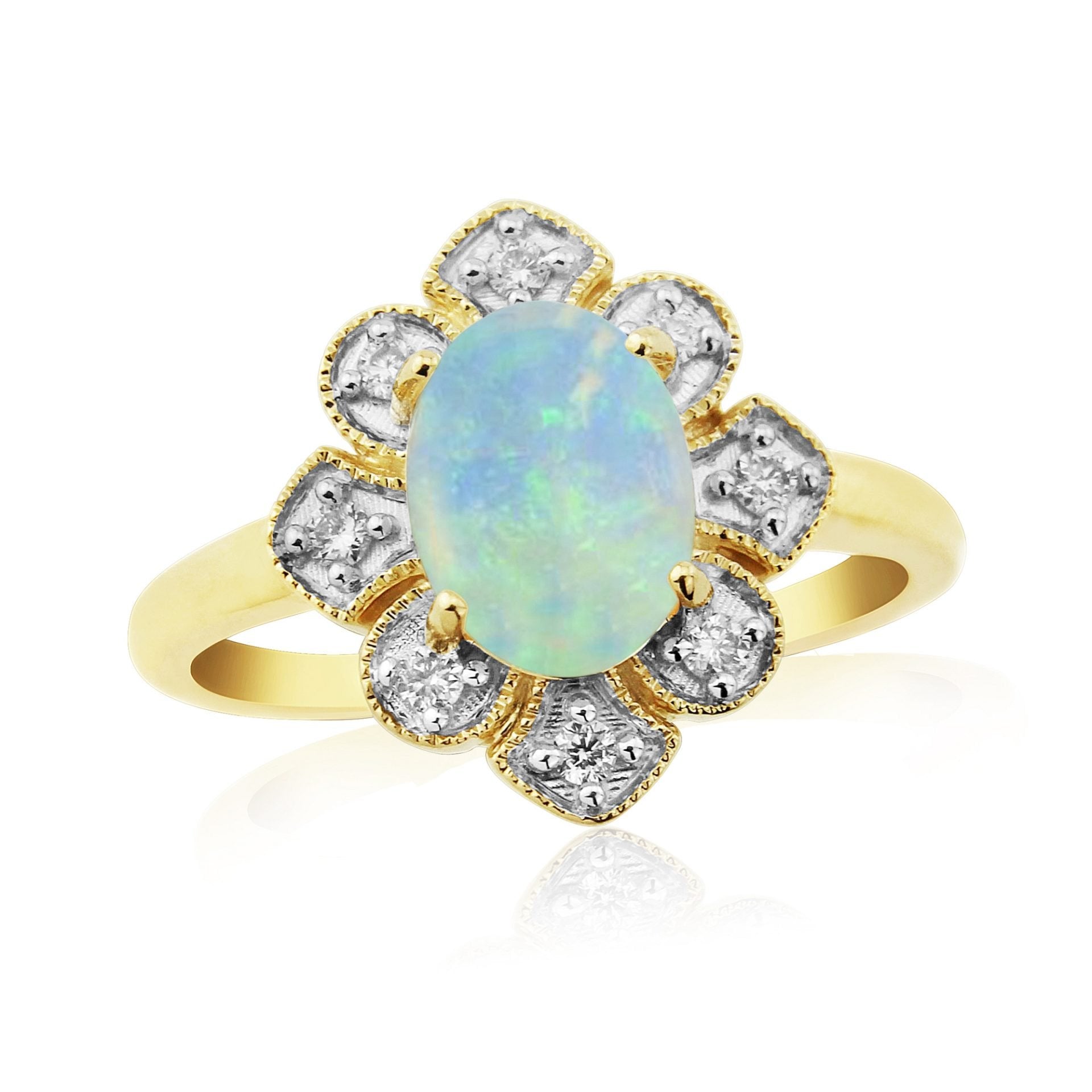 9YG 8*6 OVAL OPAL DIAMOND CLUSTER RING