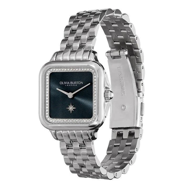 LDS SS OLIVIA B SQU BLK/NAVY BLUE DL CZ OUTER BEZEL BW