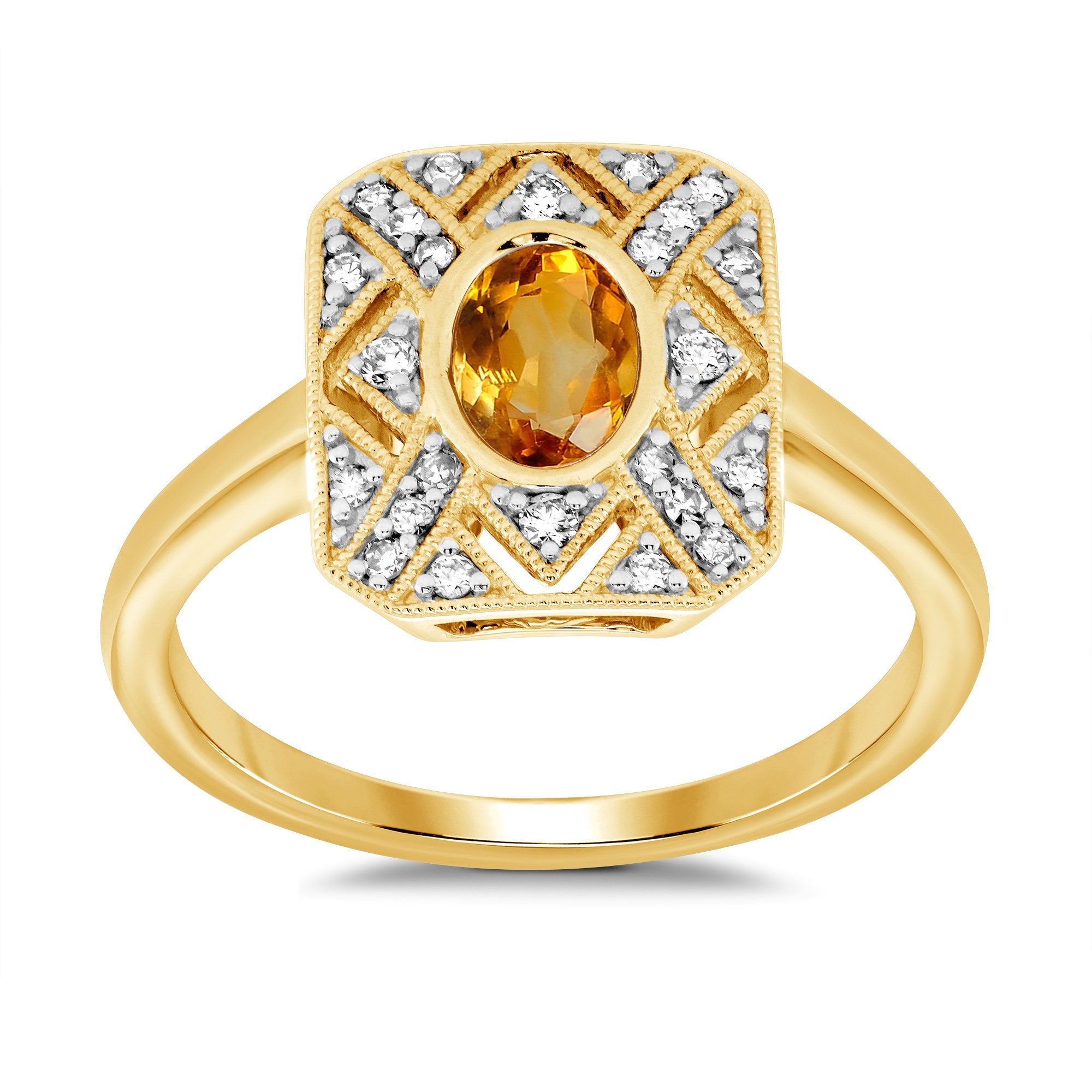9YG OVAL CITRINE RS DIA 0.17CTS DECO STYLE RING