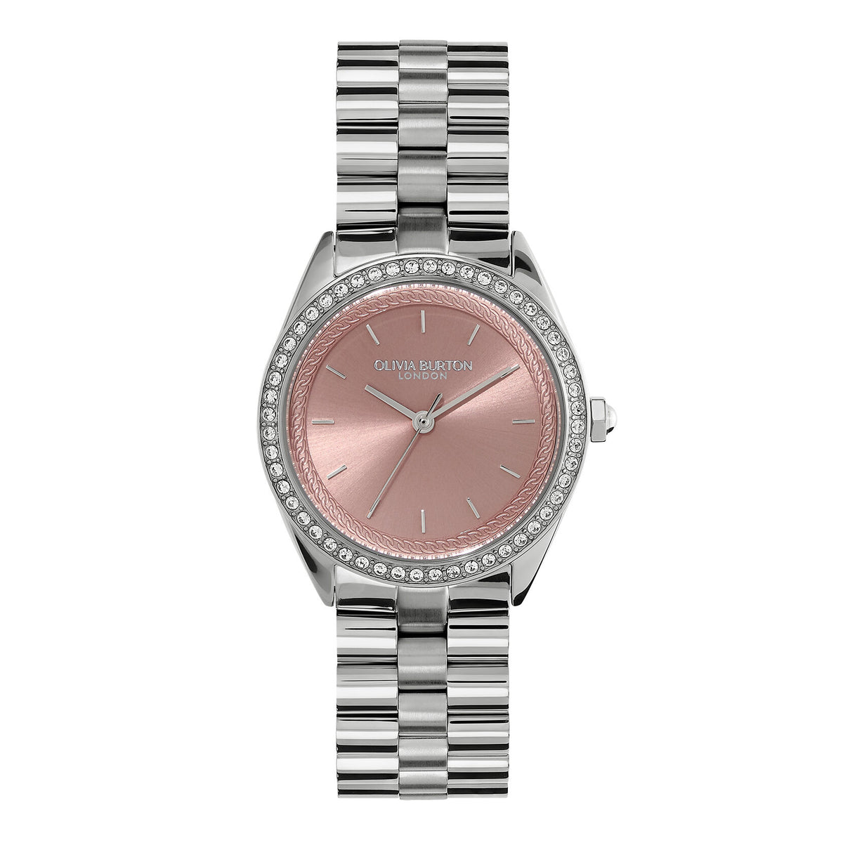 SPORTS LUXE 34MM LDS SS OLIVIA BURTON RND PINK DL. CZ BEZEL SET BW