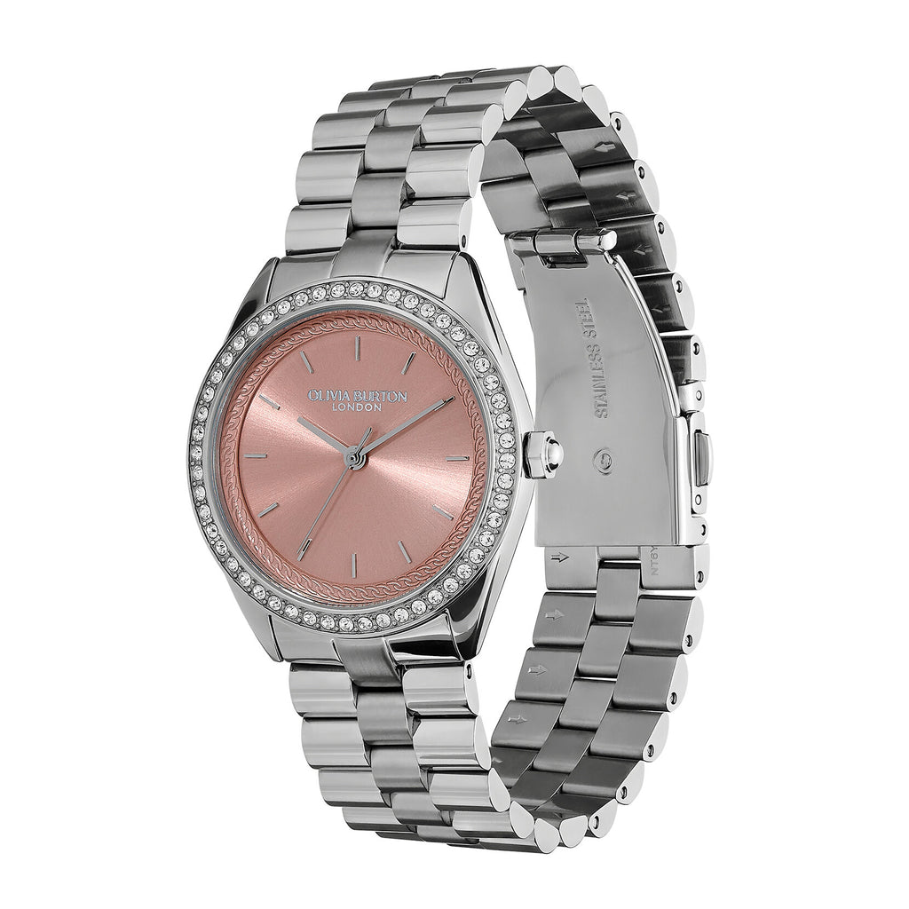 SPORTS LUXE 34MM LDS SS OLIVIA BURTON RND PINK DL. CZ BEZEL SET BW