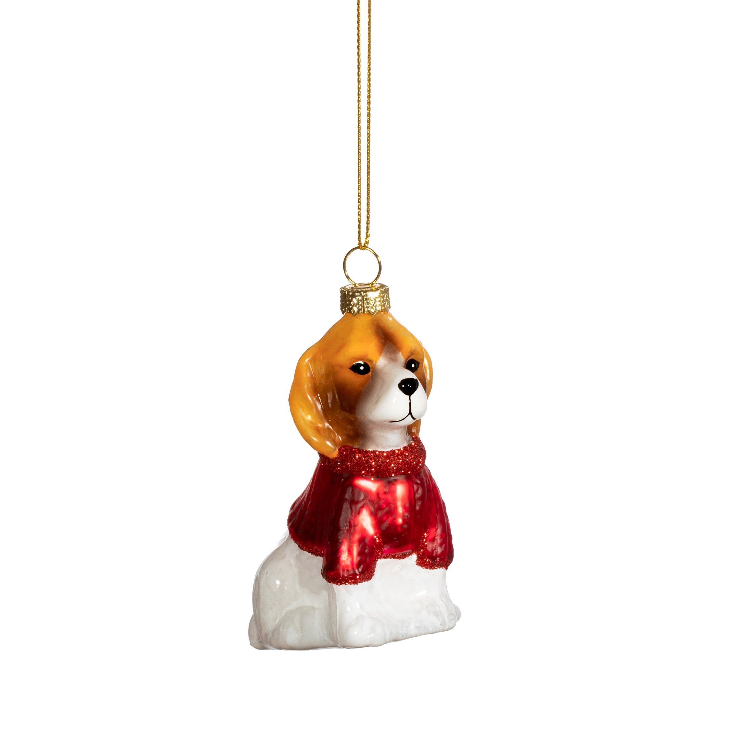 DOG IN JUMPER GLASS XMAS BAUBLE 8CM