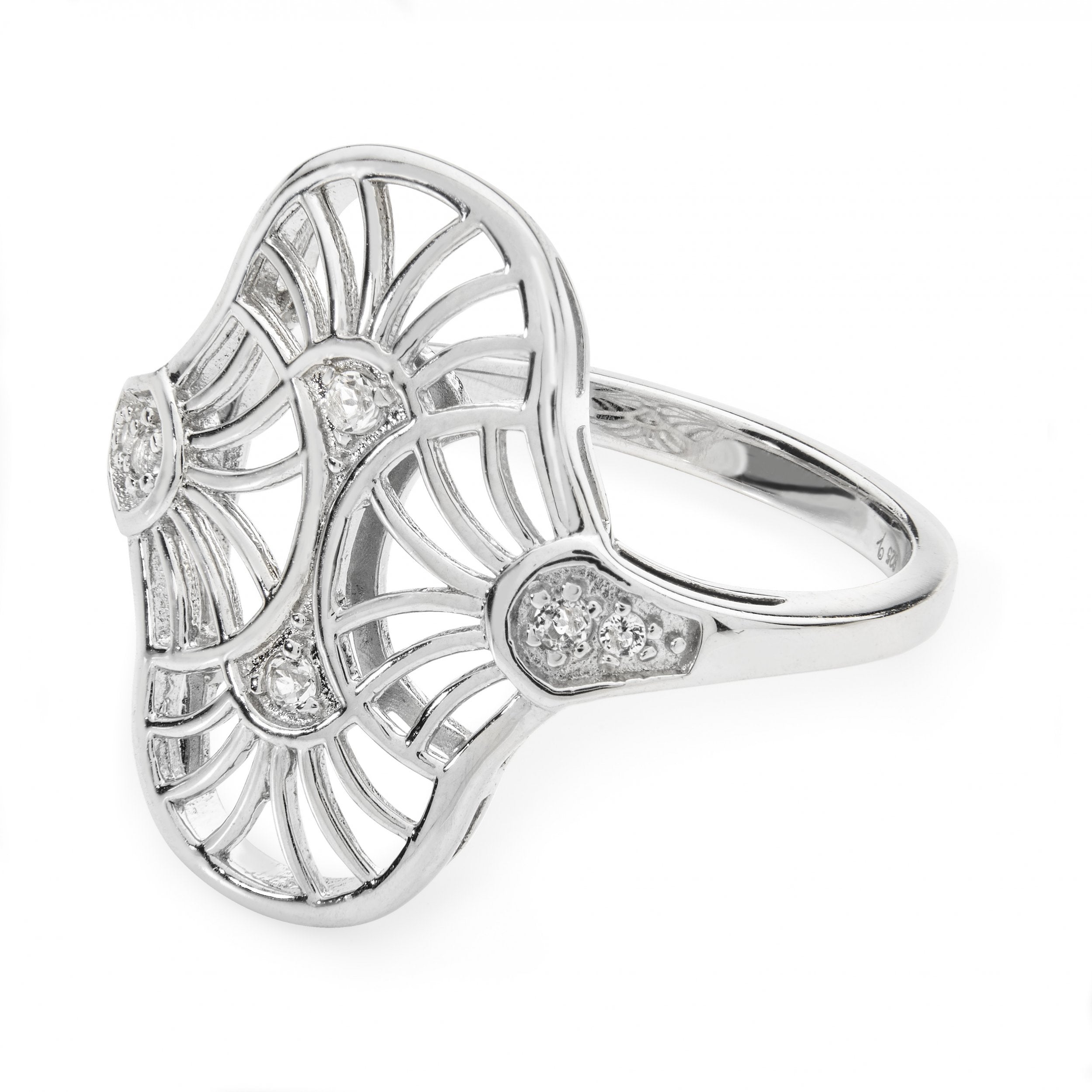 LDS SILV OVAL ART DECO CZ OPENWORK RING