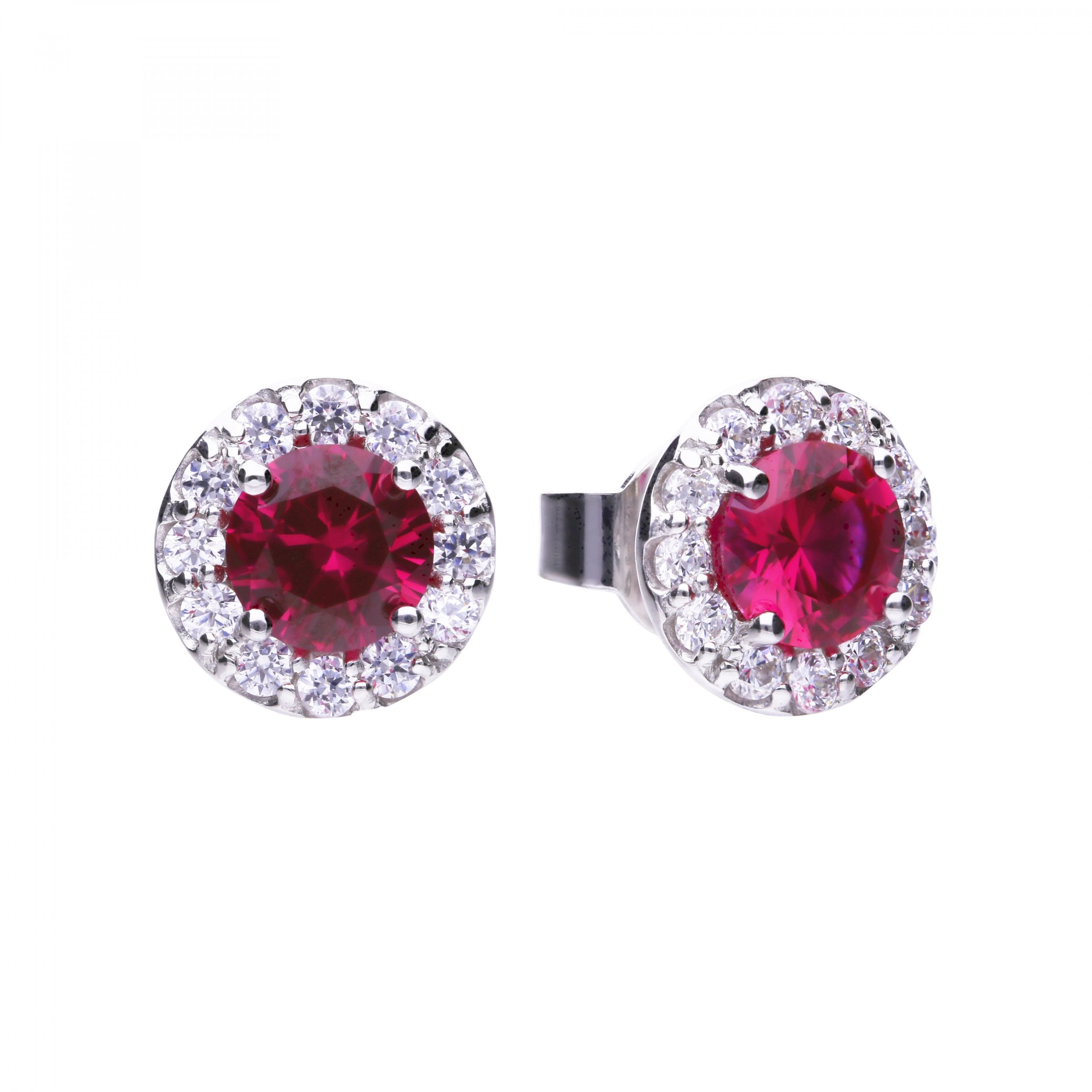 SILV DIAMONFIRE RND RED ZIRCONIA WHT HALO STUD ER