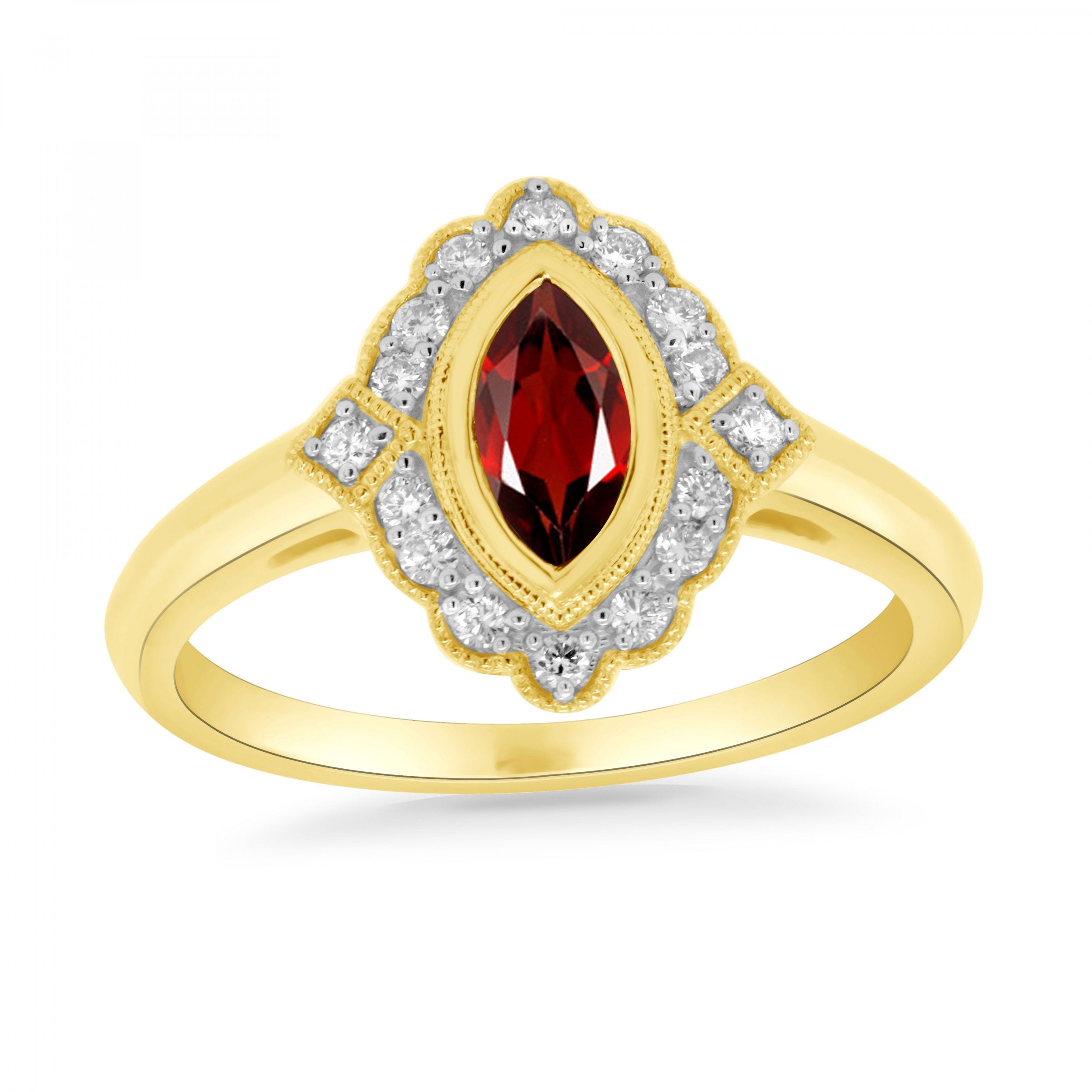 9YG MARQUIS GARNET & DIA (0.15CT) DECO STYLE RING