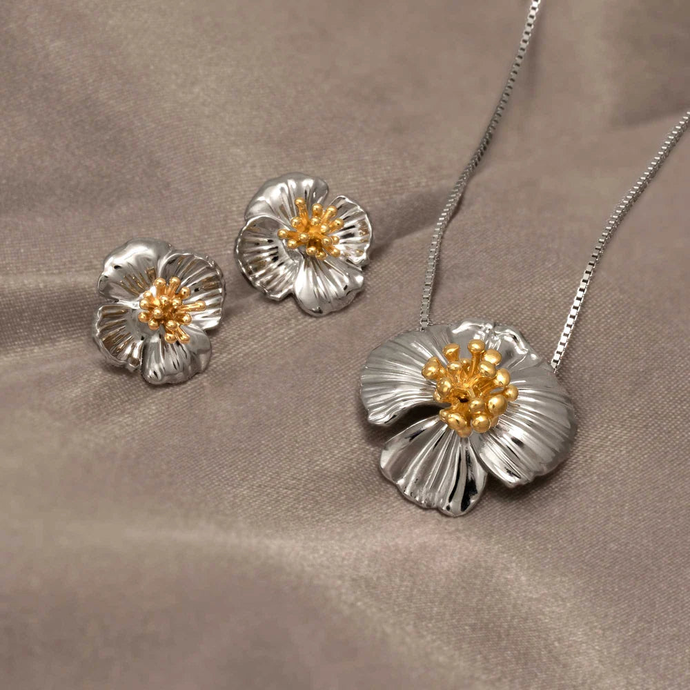 SILVER & GOLD PLTE POPPY - AUGUST FLOWER STUD EARRINGS
