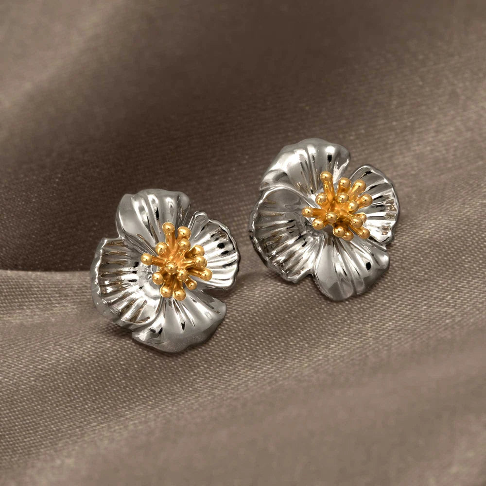SILVER & GOLD PLTE POPPY - AUGUST FLOWER STUD EARRINGS
