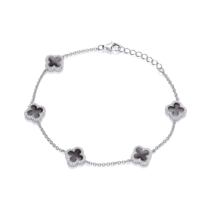 SILVER CZ & BLACK ENAMEL 5 VINTAGE CLOVER BRACELET