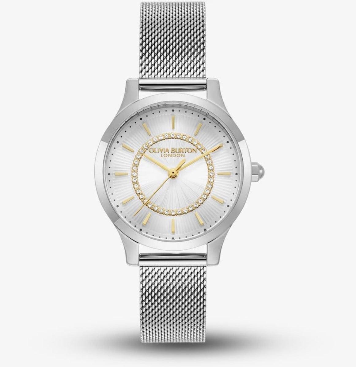 LDS SS OLIVIA B RND SILV WHT SUNRAY GOLD BATT 30MM DL MESH BW