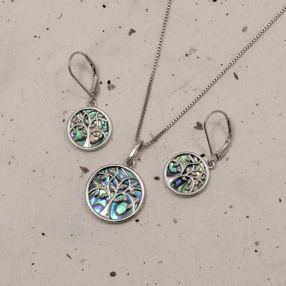 SILVER TREE OF LIFE RP ABALONE RND DROP EARRINGS