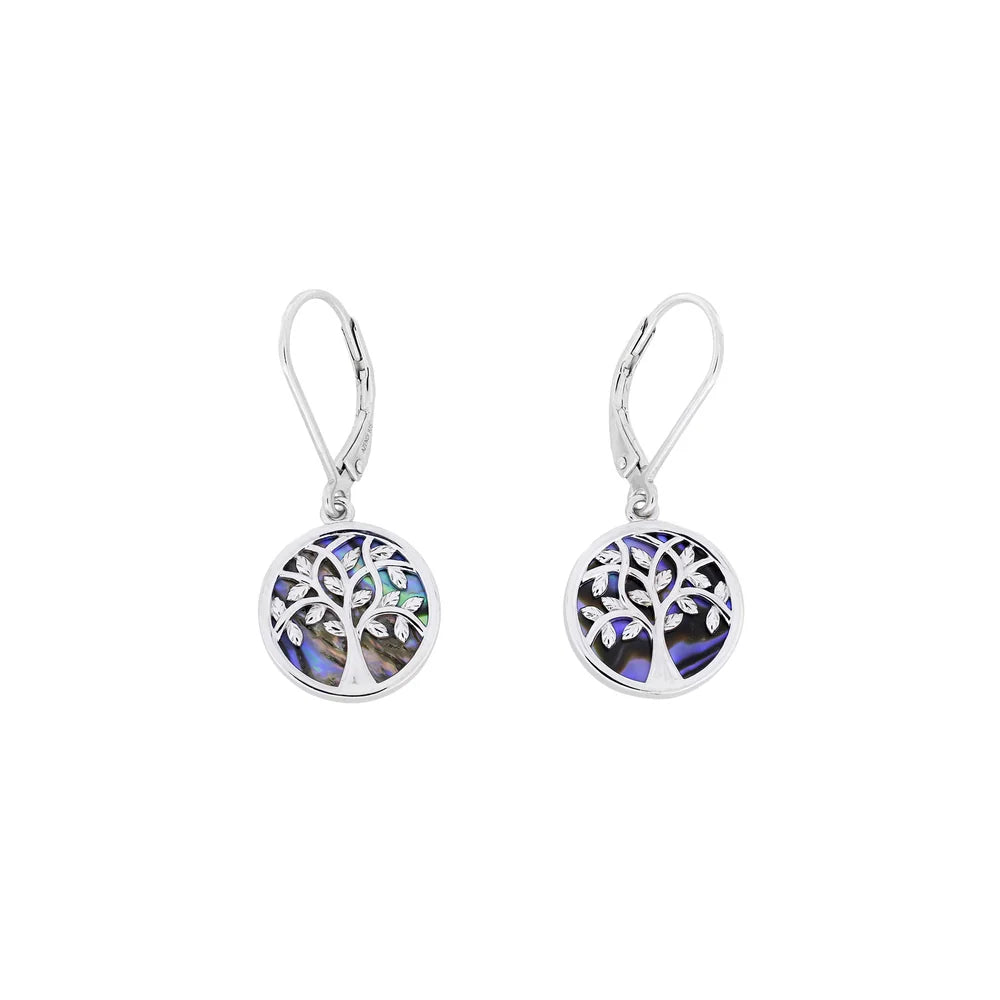 SILVER TREE OF LIFE RP ABALONE RND DROP EARRINGS
