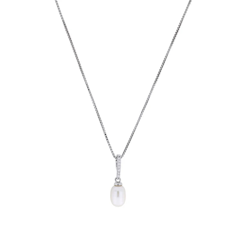 SILVER & CZ PAVE OVAL PEARL & CHAIN | 38695