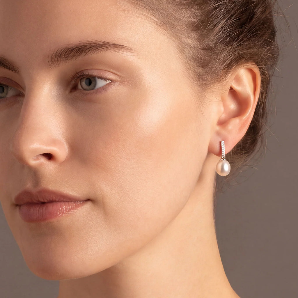 SILVER & CZ PAVE OVAL PEARL DROP EARRINGS | 38696