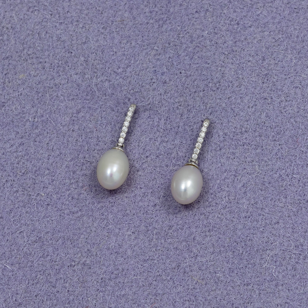 SILVER & CZ PAVE OVAL PEARL DROP EARRINGS | 38696