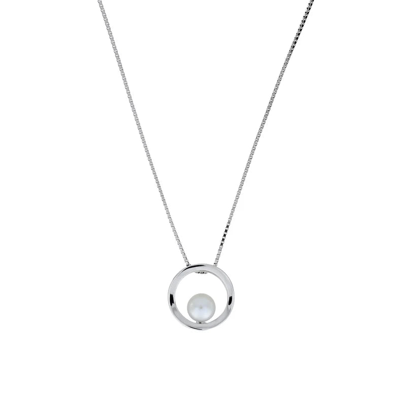 SILVER OPEN CIRCLE PEARL PENDANT BOX CHAIN