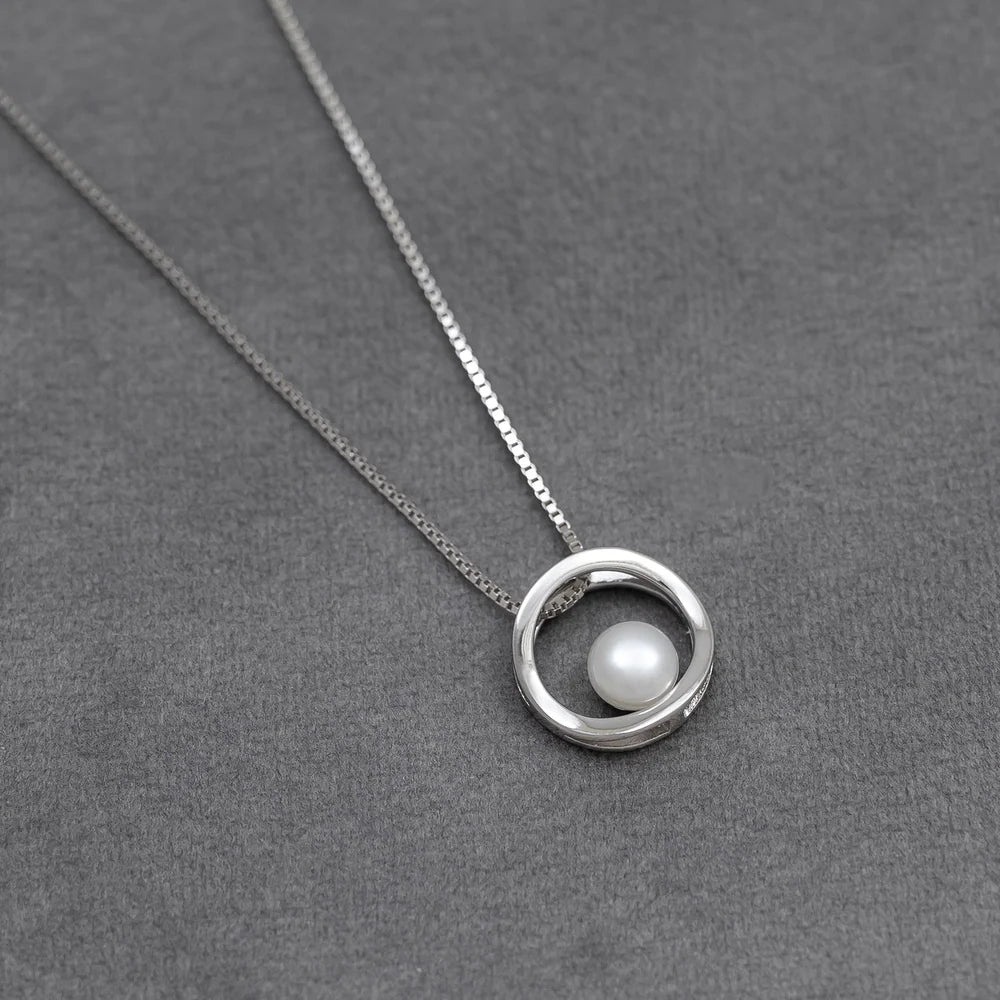 SILVER OPEN CIRCLE PEARL PENDANT BOX CHAIN