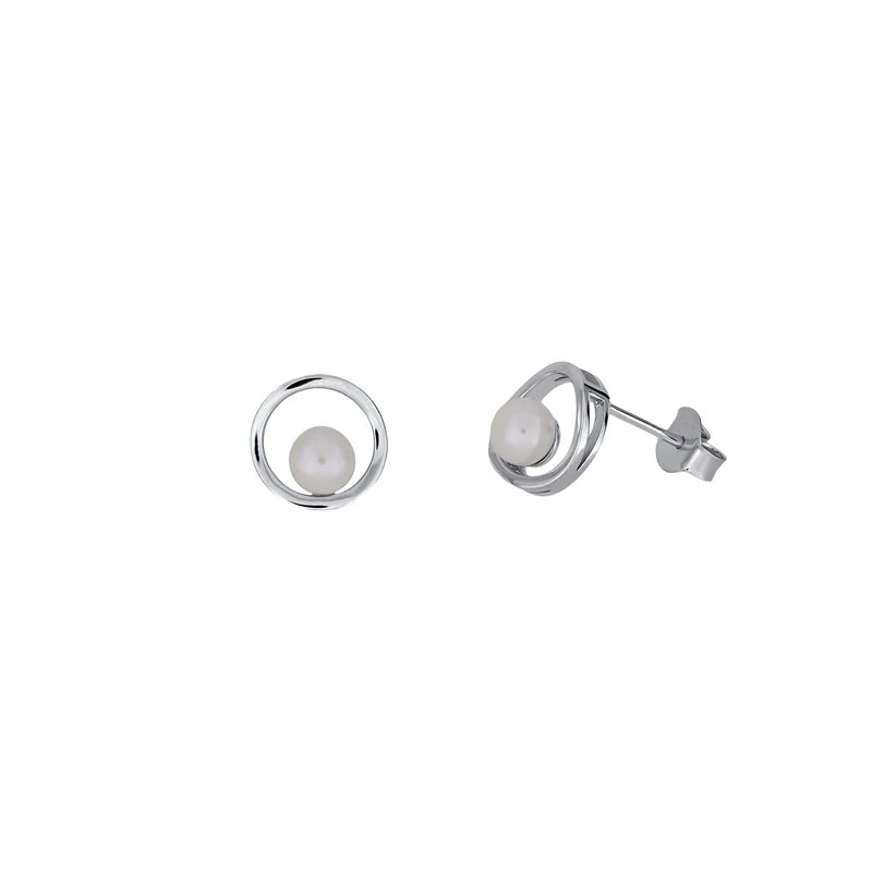 SILVER OPEN CIRCLE PEARL STUD EARRINGS