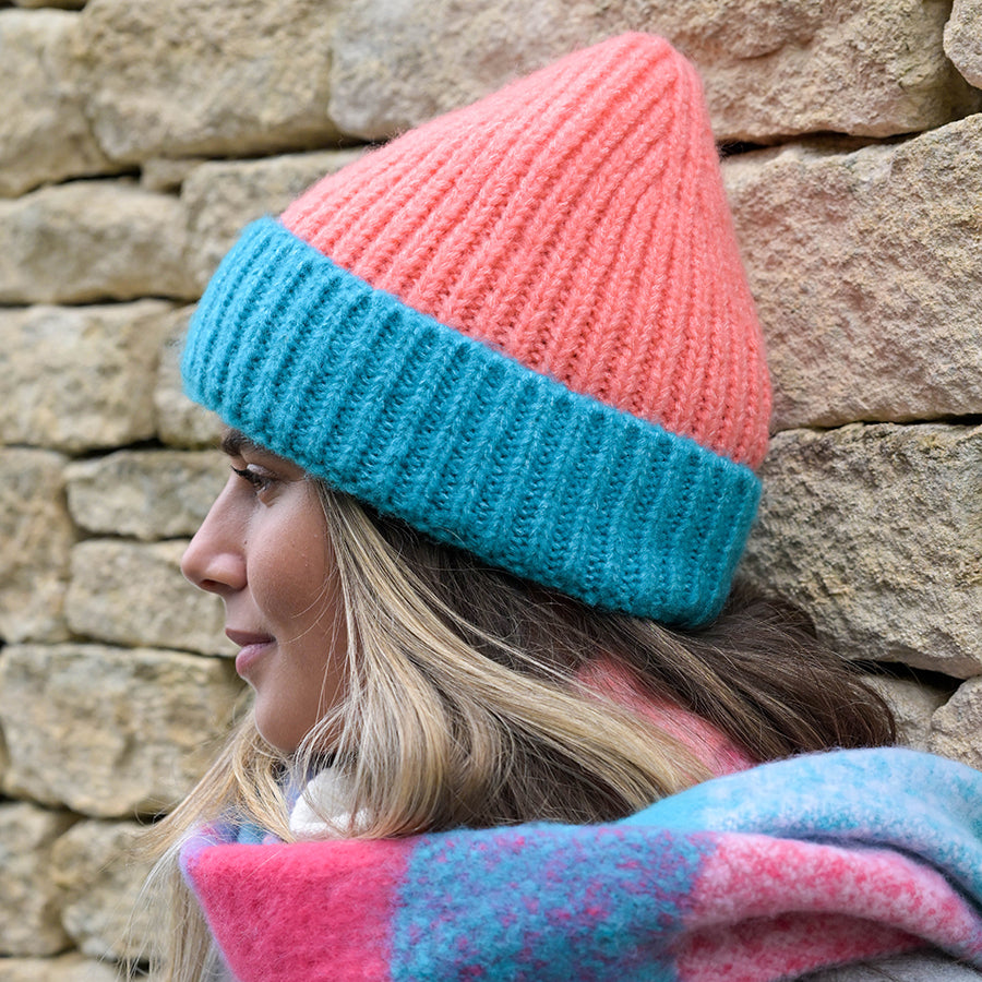 BURNT ORANGE & TURQUOISE BEANIE HAT