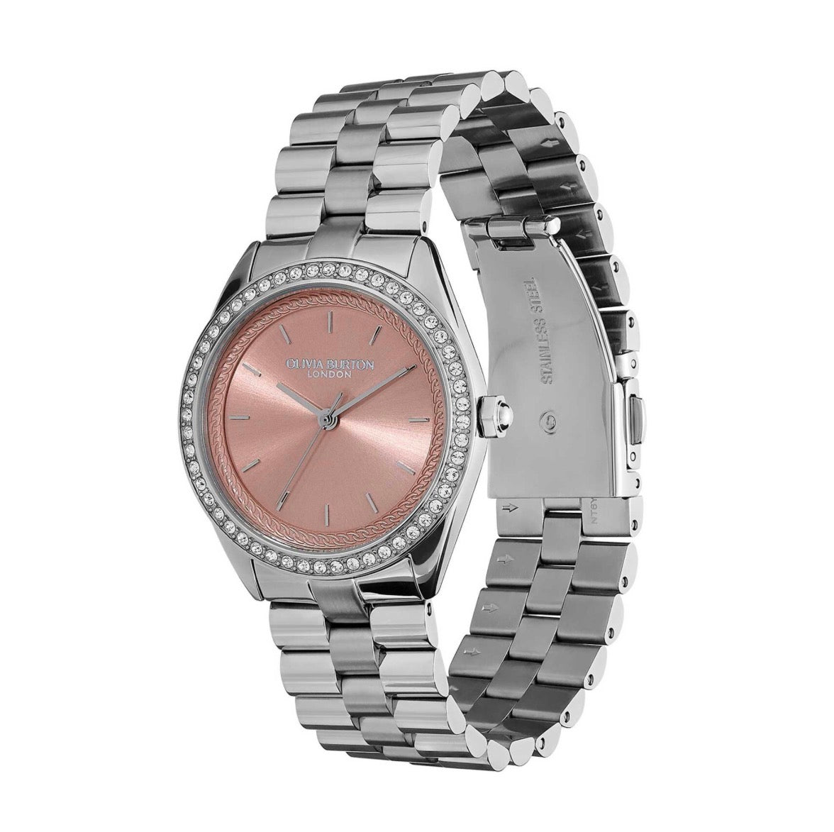 LDS SS OLIVIA B RND ROSE PINK 34MM DL CZ OUTER BEZEL BW
