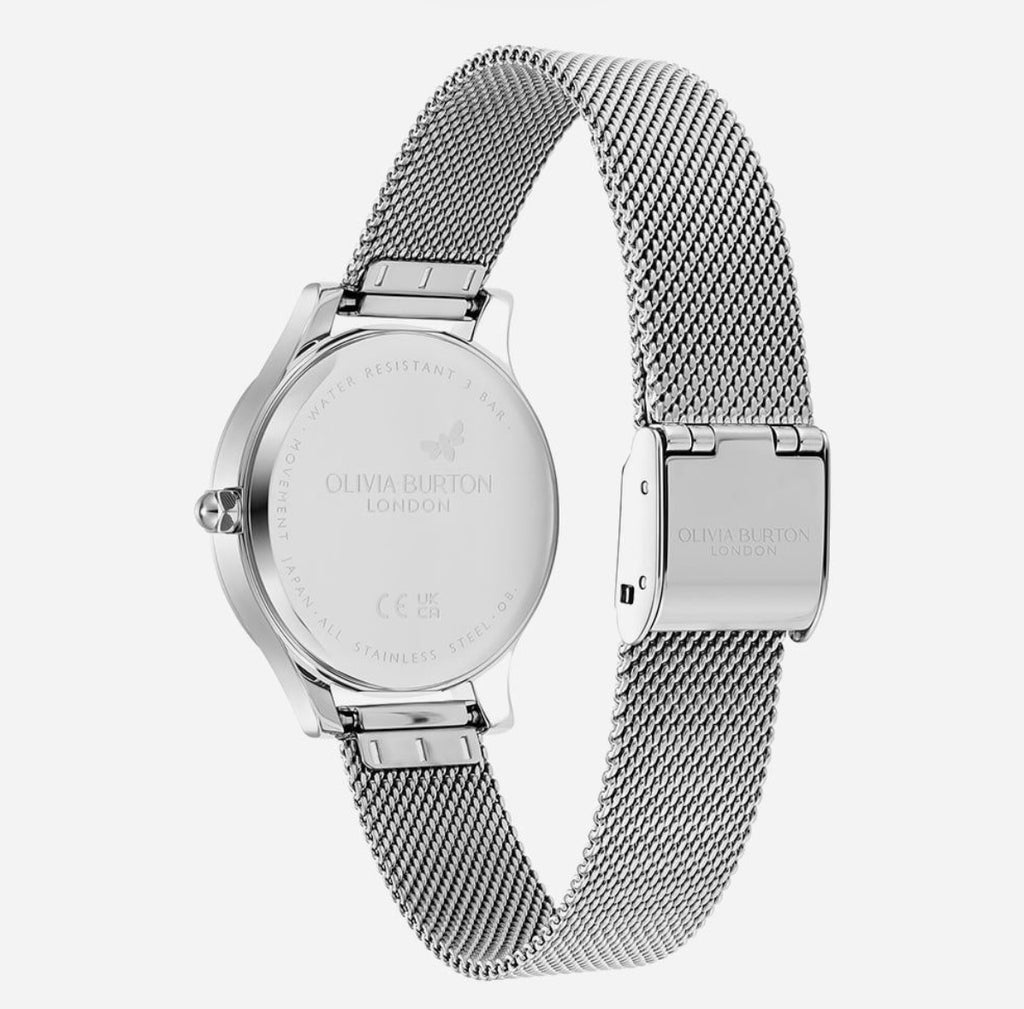 LDS SS OLIVIA B RND SILV WHT SUNRAY GOLD BATT 30MM DL MESH BW