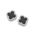SILVER CZ & BLACK ENAMEL VINTAGE CLOVER STUD EARRINGS