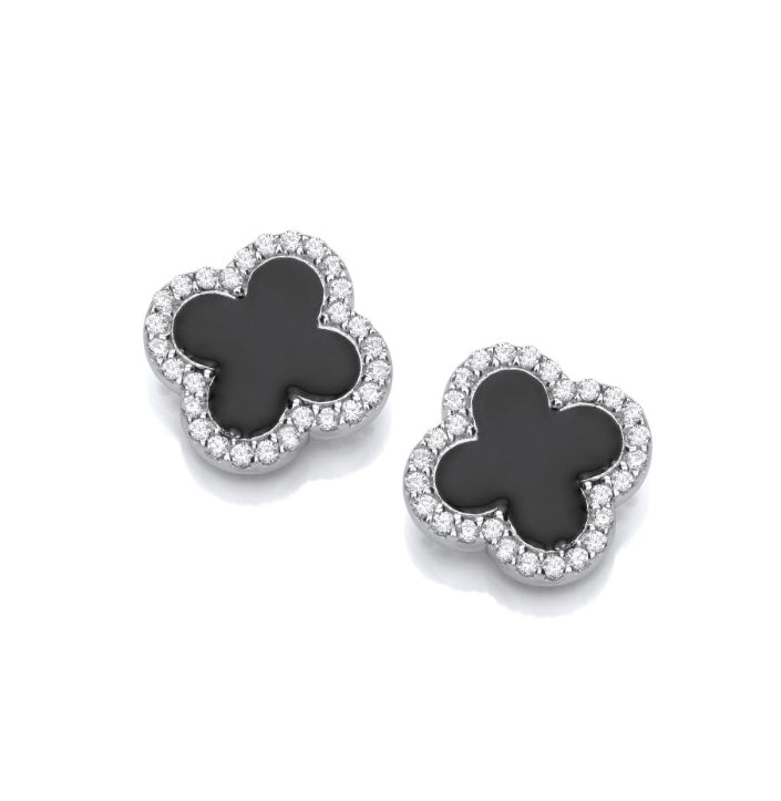 SILVER CZ & BLACK ENAMEL VINTAGE CLOVER STUD EARRINGS