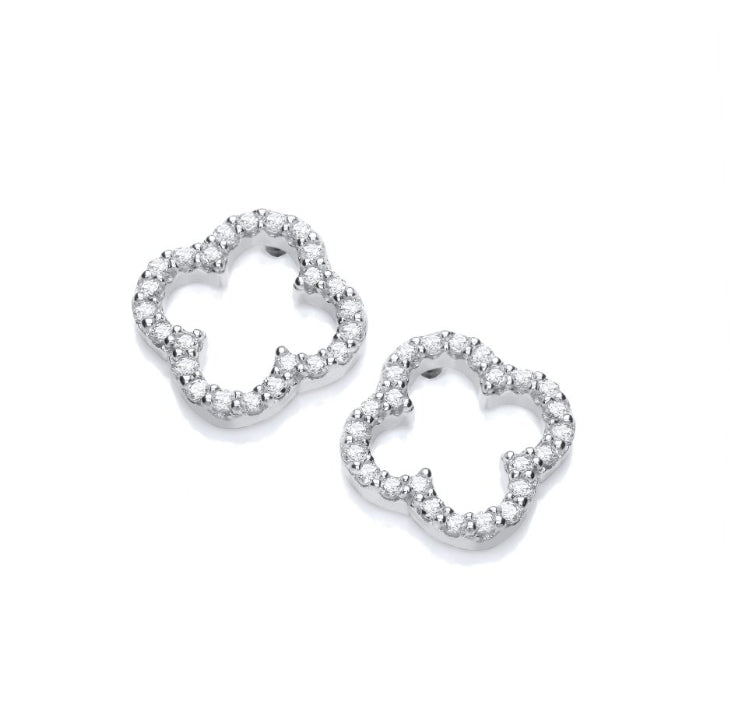 SILVER OPEN CZ CLOVER MODERN VINTAGE STUD EARRINGS