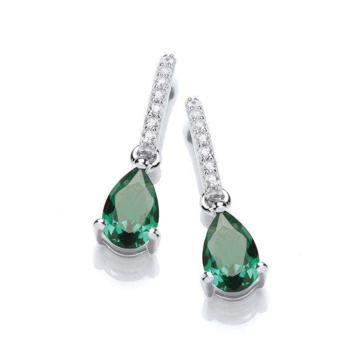 SILVER CZ & EMERALD TEARDROP DROP BAR STUD EARRINGS