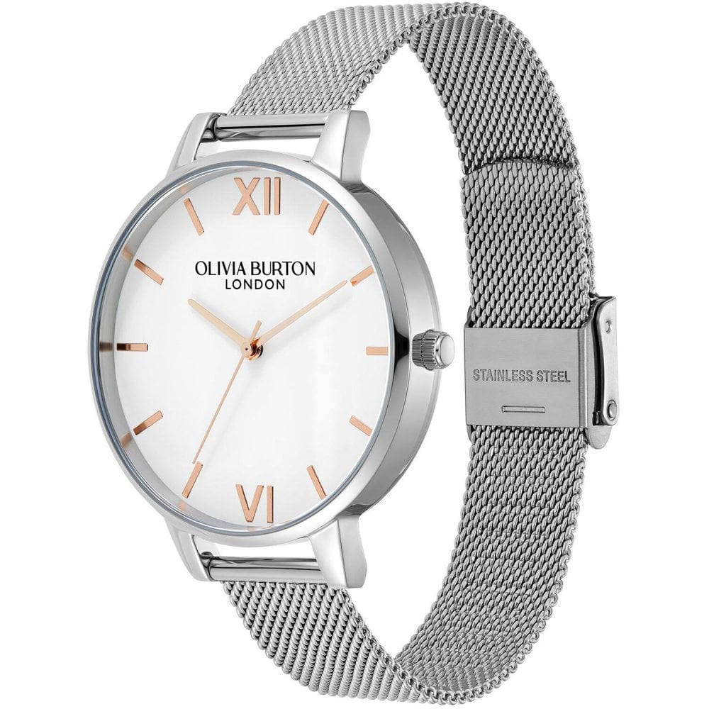 LDS SS OLIVIA B RND WHT RG BATT 38MM DL MESH BW