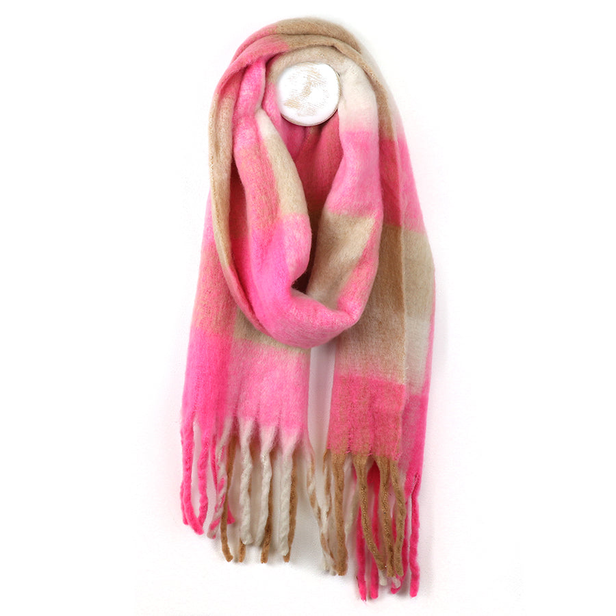 NEON PINK MIX FLUFFY CHECK SCARF