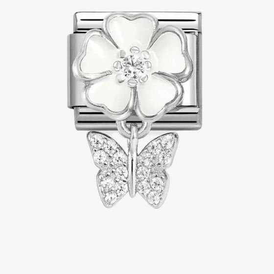 NOM CZ BFLY WHT FLOWER DANGLE - CHARMS
