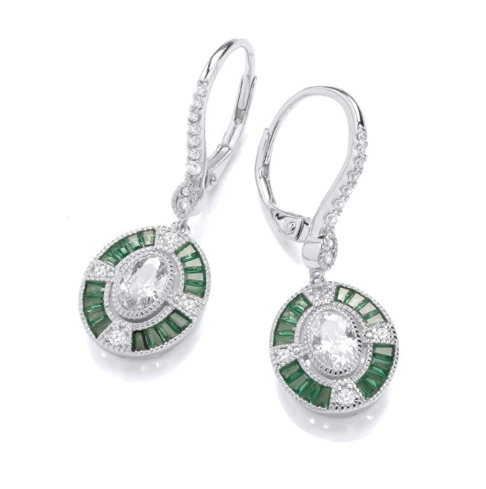 SILVER EMERALD & CZ DECO STYLE DROP EARRINGS