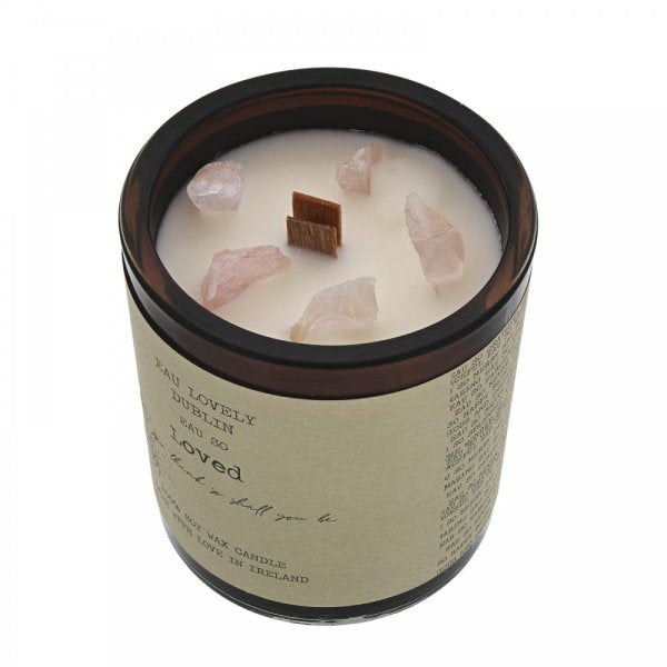 EAU SO "LOVED" CANDLE WITH ROSE QUARTZ & WOOD WICK