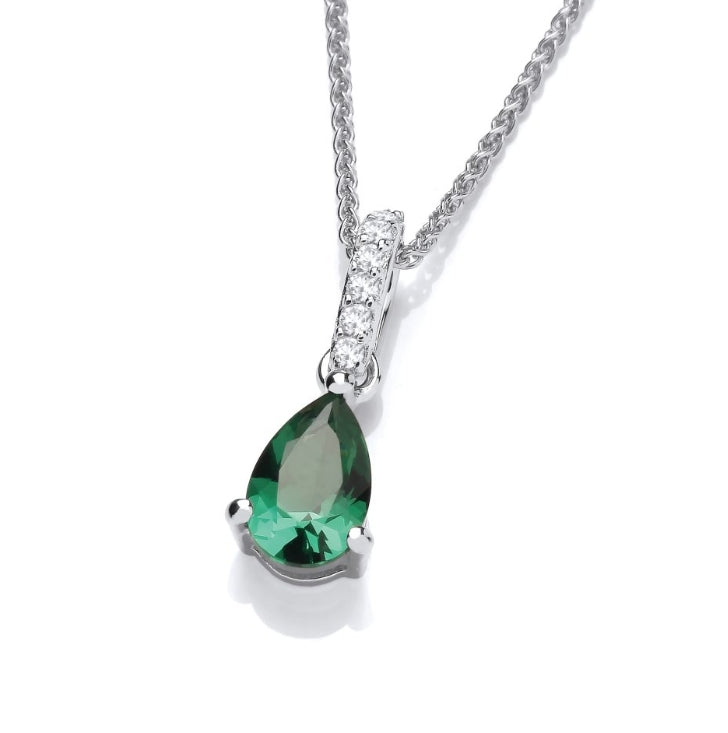 SILVER CZ & EMERALD TEARDROP PENDANT ON CHAIN