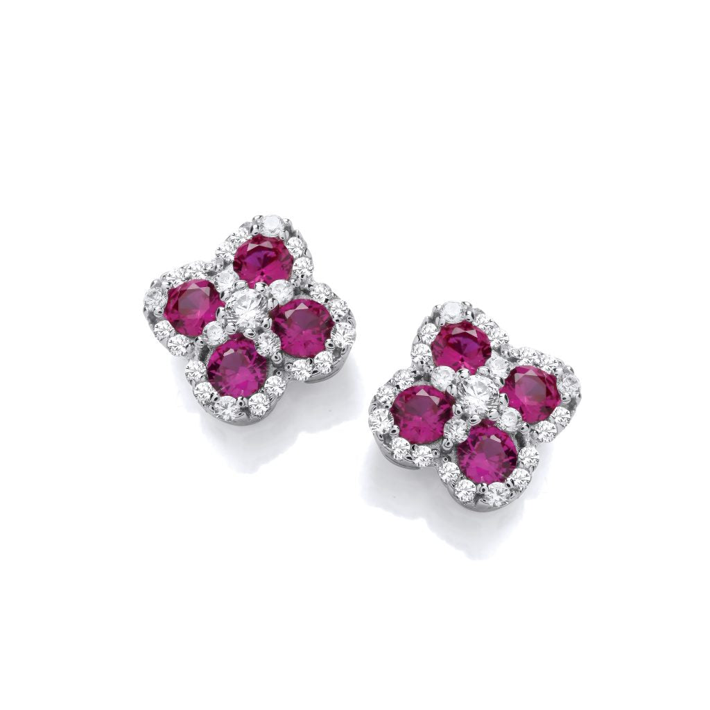 SILVER CZ & RUBY CZ VINTAGE LOOK CLOVER STUD EARRINGS