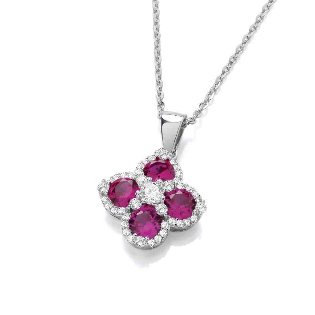 SILVER CZ & RUBY CZ VINTAGE LOOK CLOVER PENDANT ON CHAIN