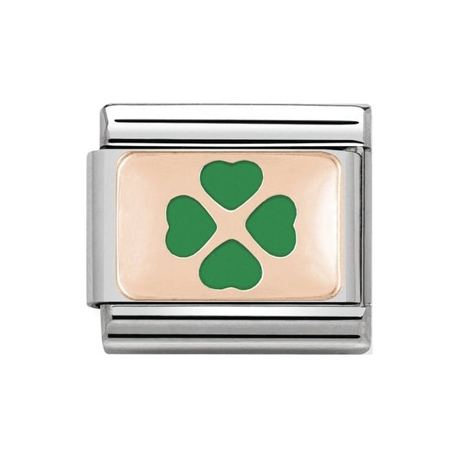 NOM ROSE GOLD GRN ENAMEL FOUR LEAF CLOVER