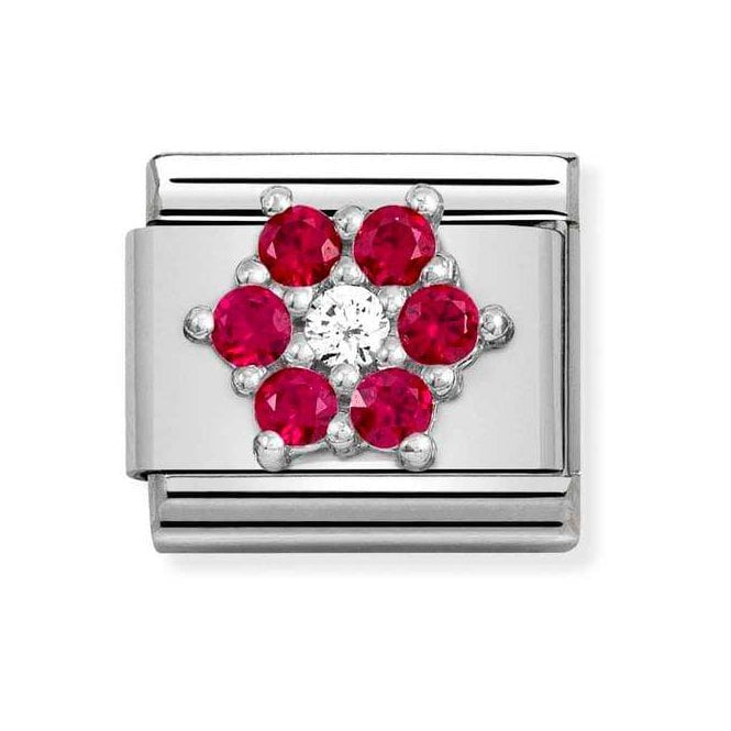 NOM SILV WHT & RICH RED CZ FLOWER CHARM