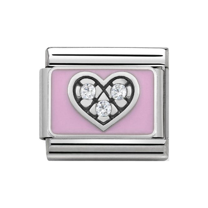 NOM CZ HEART PINK ENAMEL SILV SHINE