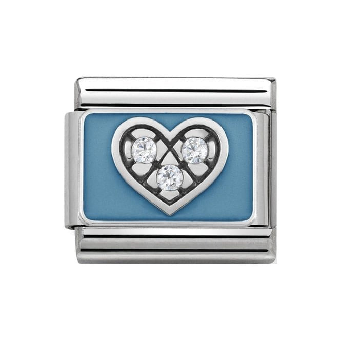NOM CZ HEART BLUE ENAMEL SILV SHINE